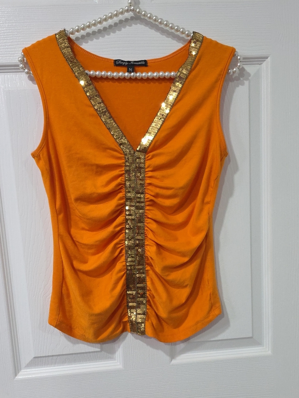 Simply Irresistible Bright Orange Sleeveless V-Neck Tank with Gold Sequin Trim